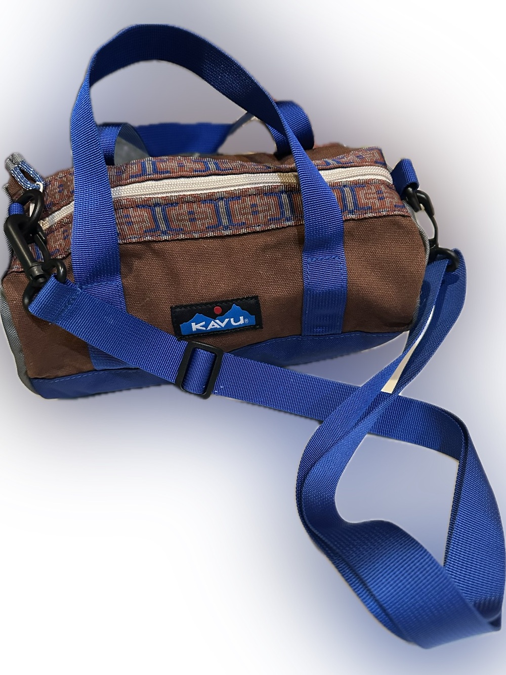 KAVU UNISEX MINI SMALL DUFFLE BAG BROWN BLUE CARRYALL PURSE TRAVEL HANDLED XBODY - Picture 7 of 11